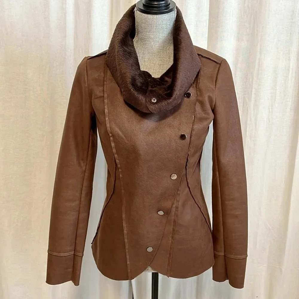 Shearling Faux Fur Jacket Brown, Size S